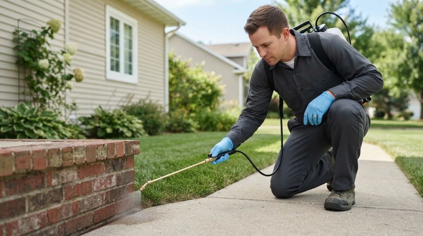 Pest control technician treating a home near Pride, LA